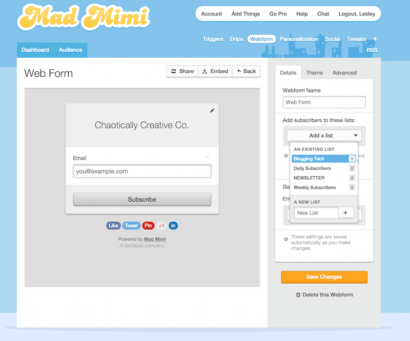 adding a list to a form in mad mimi
