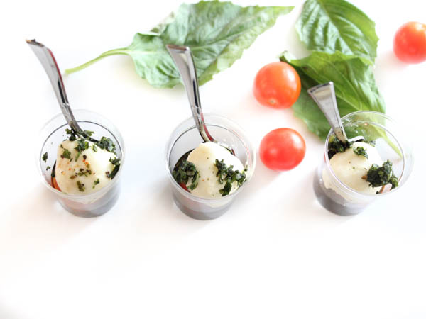 Caprese Salad Shooters with Basil on Top